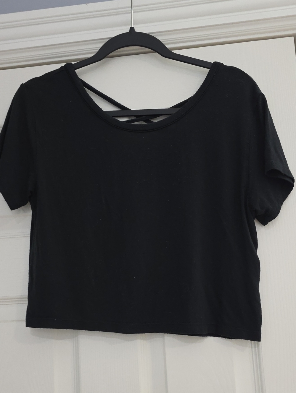Women's Black Short Sleeve Crop Top with Crisscross Back